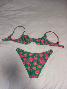 Kulani Kinis - Green Floral Bikini Set with Pink Flowers